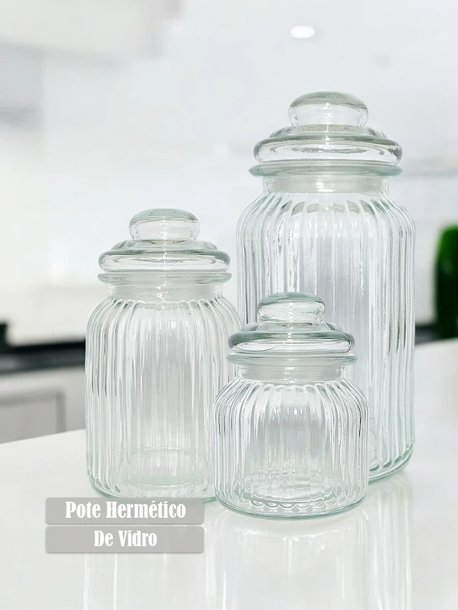 Decorative Glass Jar Airtight Lid Candy Holder Round Fluted Food Storage Kitchen - 透明的 - 查看 1