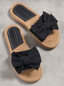 Sandalias de diapositivas de ajuste ancho para mujer, zapatos planos cómodos con lazo, zapatos de playa casuales, elásticos y ligeros para mujer, pantuflas de verano para dama - Negro - Ver 2