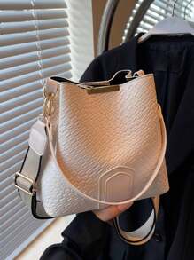 时尚小众时尚休闲百搭复古经典高品质宽肩带女士水桶包，单肩、斜挎、顶部提手，适合工作、约会、购物、日常使用 - 米色 - 查看 6