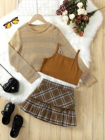 3pcs/Set Tween Girl Fashion Hollow Out Long Sleeve Top + Crop Tank + Plaid Pleated Skirt Set