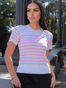 MODAL STRIPED KNIT TOP SUMMER 2025 - WHITE aND PINK - View 1