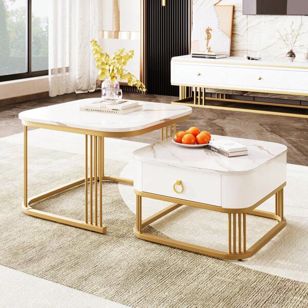 Verschachtelter Couchtisch, Couchtisch aus Holz mit Metallrahmen und einer Schublade, Stapelbarer Couchtisch, Hochglänzende Marmoroptik, goldene Akzente, Beistelltisch mit Schubladen, zweiteiliges Set