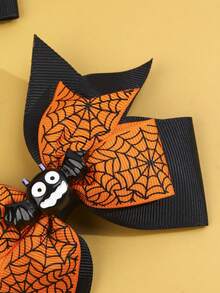 2pcs Halloween Spider Hair Bows For Women Grosgrain Ribbon Spider Web Pattern Alligator Clips Cosplay Pigtail Bows Costume Party Hair Clips Women Hair Accessories Halloween Pumpkin - Orange - View 2