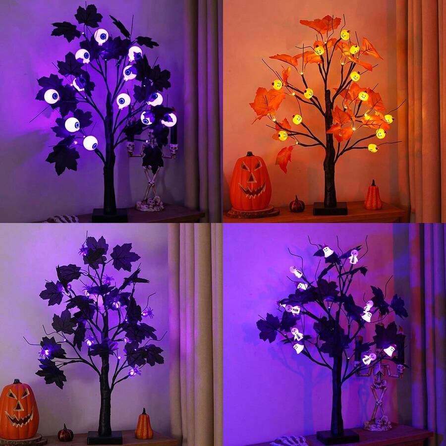 Đèn LED hình cây phong Halloween, hình bí ngô, nhện, ma, hình nhãn cầu, thích hợp làm đèn trang trí Halloween, trang trí tiệc Halloween, trang trí bàn làm việc, trang trí phòng ngủ, trang trí ban công ngoài trời, hộp đựng pin và USB, nguồn điện hai chế độ, trang trí phòng Halloween, trang trí sân vườn Halloween làm quà tặng, trang trí ngày lễ, trang trí lễ hội