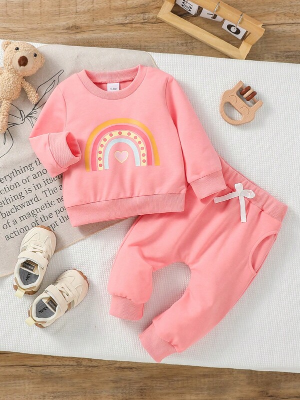 1set Baby Girls' Casual Cute Rainbow Printed Long Sleeve Hoodie Outfit, Autumn