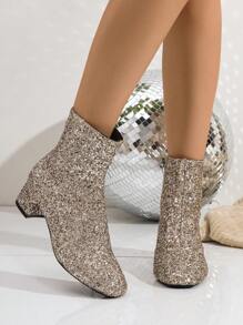 Botas de caña media con decoración de lentejuelas de moda para mujer de talla grande, puntera redonda, tacón grueso, cómodas botas cortas adecuadas para bailes, fiestas, bodas, zapatos nuevos de otoño e invierno