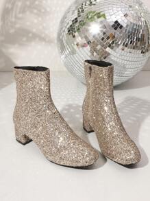 Botas de caña media con decoración de lentejuelas de moda para mujer de talla grande, puntera redonda, tacón grueso, cómodas botas cortas adecuadas para bailes, fiestas, bodas, zapatos nuevos de otoño e invierno