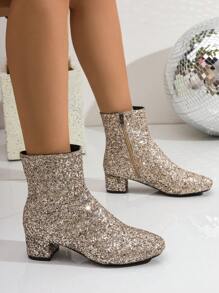 Botas de caña media con decoración de lentejuelas de moda para mujer de talla grande, puntera redonda, tacón grueso, cómodas botas cortas adecuadas para bailes, fiestas, bodas, zapatos nuevos de otoño e invierno