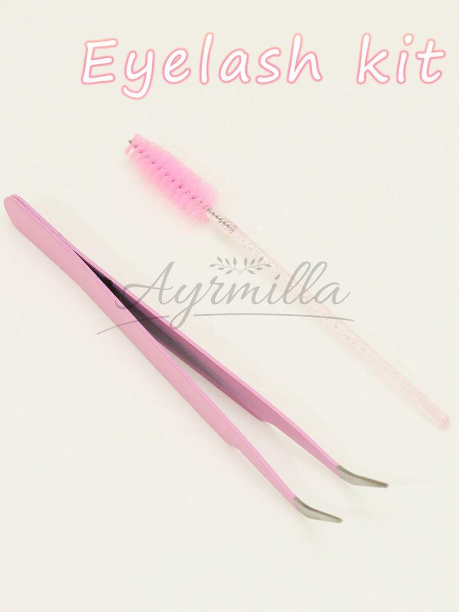 AYRMILLA 粉色多色睫毛套装，配有 1 个睫毛膏刷和 1 个镊子，是完整且方便的睫毛夹睫毛收集套装