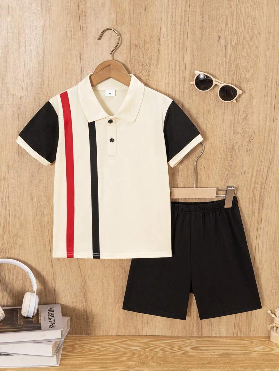 2pcs/Set Young Boy Classic Casual Bi-Color Striped Patchwork Contrast Polo Shirt And Solid Shorts Outfit - Multicolor - View 1