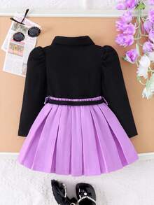 2 piezas Conjunto de blusa con cuello elegante y falda para niñas pequeñas, ligero para primavera/otoño - Negro - Ver 2
