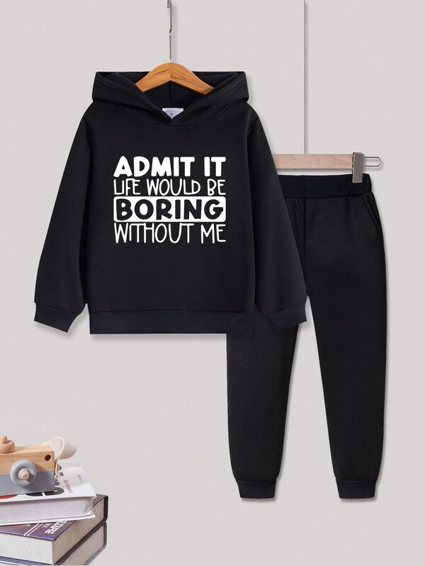 Young Boys Casual Slogan Print Hoodie And Sweatpants Set