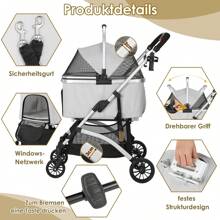 3 In 1 Dog Buggy Transport Bag Cat Buggy, Up To 40 Kg, Portable Pet Stroller, Dog Stroller With Mesh Windows & Cup Holder & Spring Shock Absorber, For Small And Medium-Sized Cats And Dogs - Xám - Xem 6