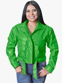Chamarra Chaqueta Cazadora Mujer Piel Sintetica Peluche Interno Cremallera y Botones Bolsas de Cartera Cinturon Ajustable Moda - Verde - Ver 1