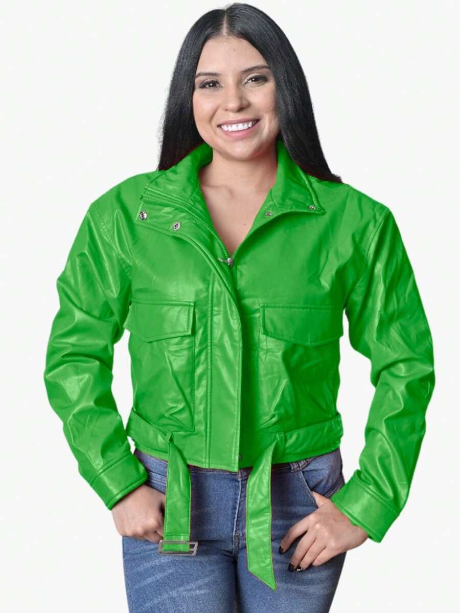 Chamarra Chaqueta Cazadora Mujer Piel Sintetica Peluche Interno Cremallera y Botones Bolsas de Cartera Cinturon Ajustable Moda - Verde - Ver 1