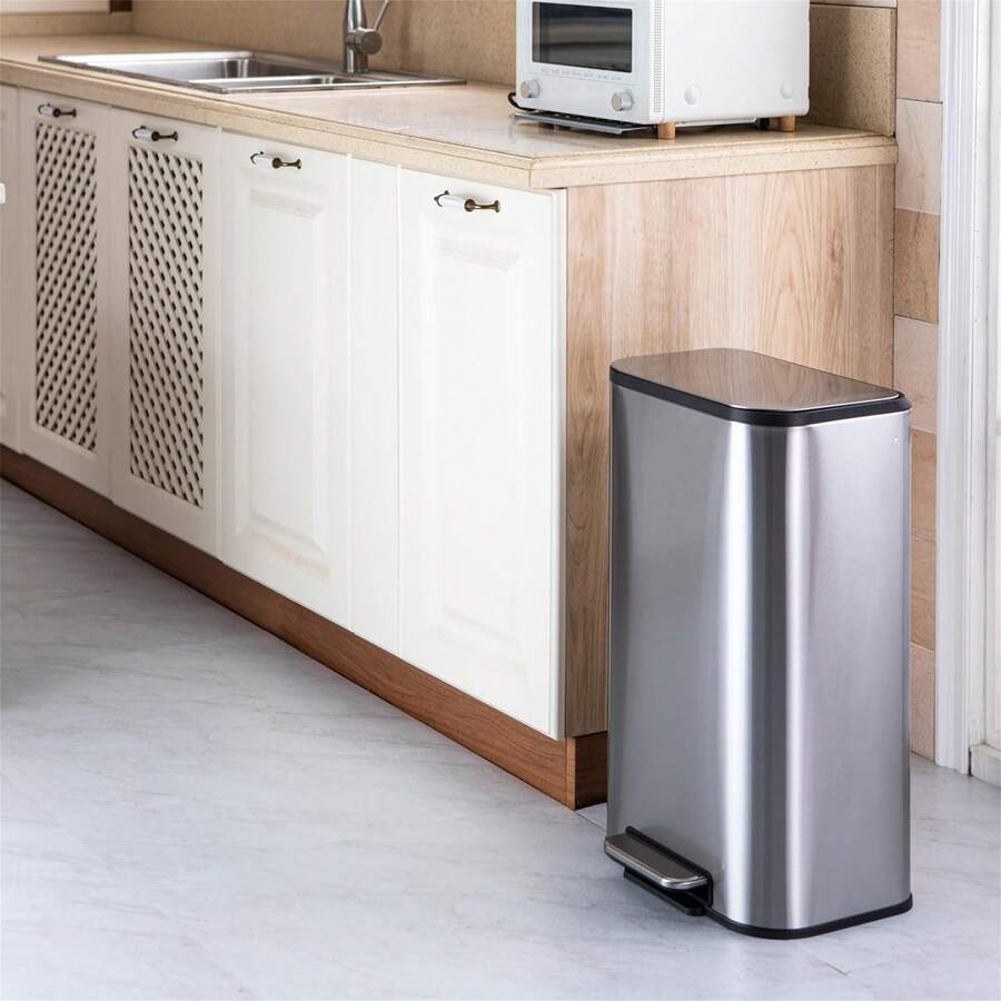 Trash Can, Stainless Steel Garbage Can With Lid, Step-On Pedal Bucket, Rectangular Trash Can For Kitchen For Office Living Room Small Spaces - 銀色-50升 - 查看 1