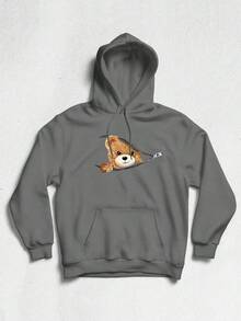 Sweatshirt Cold Weather Hooded Flannel Men Women Hoodie Long Sleeve Casual Unisex Style Streetwear Bear Zipper - Xám - Xem 1
