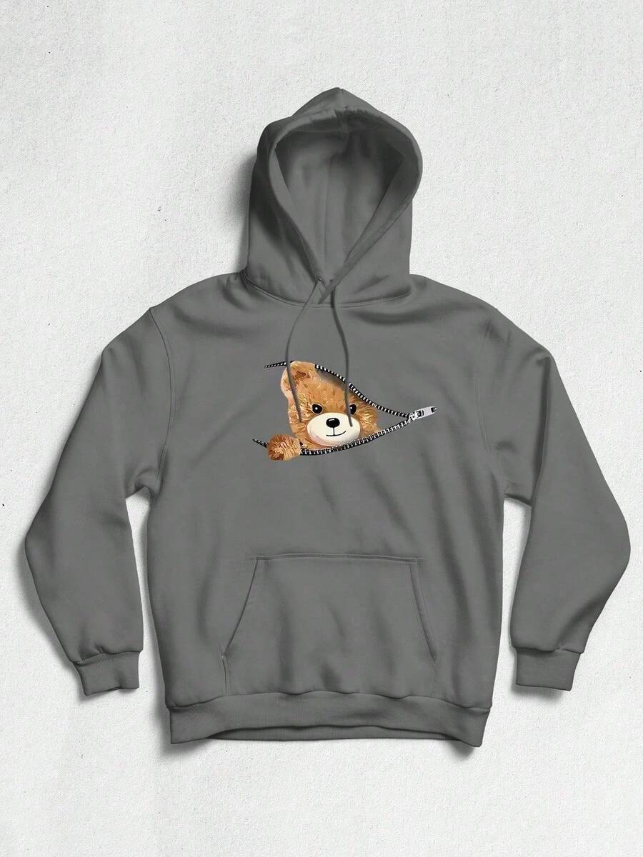 Sweatshirt Cold Weather Hooded Flannel Men Women Hoodie Long Sleeve Casual Unisex Style Streetwear Bear Zipper - Xám - Xem 1