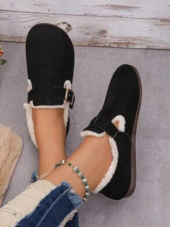 Platta, varma hustofflor för kvinnor, fluffiga fodrade varma snöstövlar, halkfria varma skor med mjuk botten, Lättviktsvarma stövlar, varma loafers, varma skor i enfärgade, varma skor med krok och ögla i plusstorlek, lurviga skor