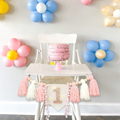 1pc Pink Daisy Flower High Chair Banner & Fringe Garland, Suitable For 1st Birthday Party Decoration And Photo Prop,