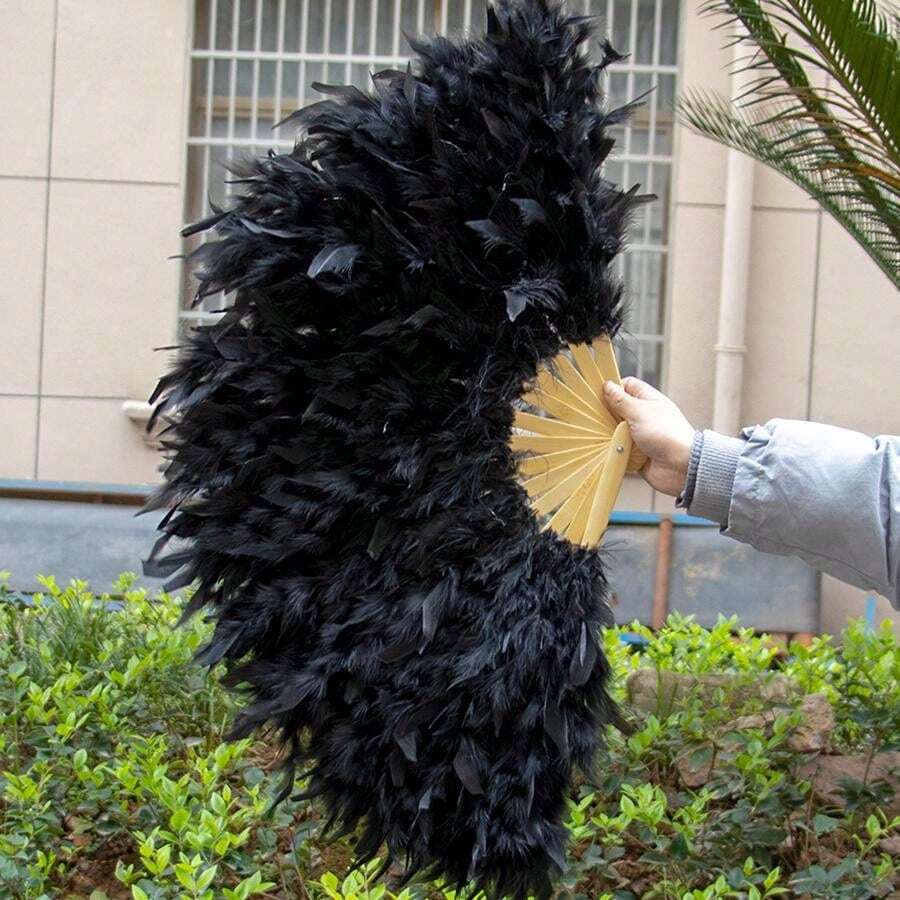 Boa En Plumes Noires 2 M Avec Éventail – Plumes De Dinde Moelleuses – Accessoire Carnaval, Mariage, Danse