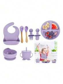 Juego De Silicona Platos Cubiertos Alimentacion Para Bebés - Morado - Ver 1