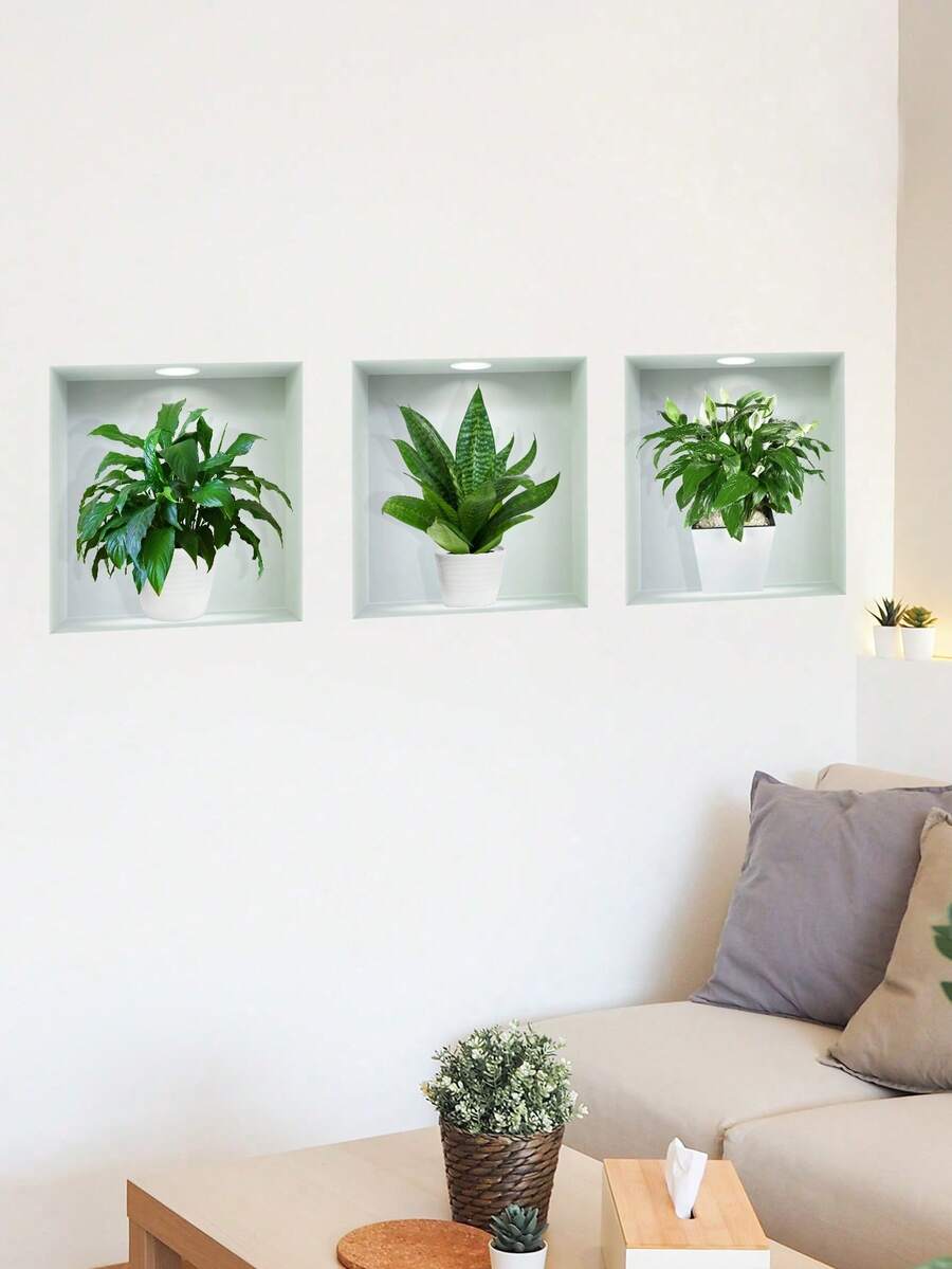 1 套 3 件创意 3D 盆栽植物三联画墙壁艺术适用于客厅、走廊、沙发背景装饰墙贴 - 彩色 - 查看 1