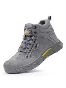 GUYISA Men's Shoes Steel Toe Anti-Smash Anti-Puncture Suede Leather Welding Shoes High-Top Lace-Up Flat Gray Shoes, All Season