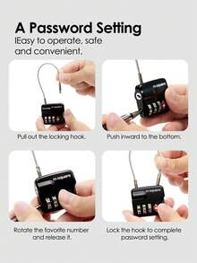 Candado con contraseña personalizada, gabinete de herramientas de seguridad con cerradura de combinación de 4 dígitos, candado de cable de acero resistente con código TSA, candado con código antirrobo para equipaje y maleta, artículos esenciales de viaje, útiles escolares, accesorios de vacaciones, artículos esenciales de vacaciones, accesorios de verano - Negro - Ver 2