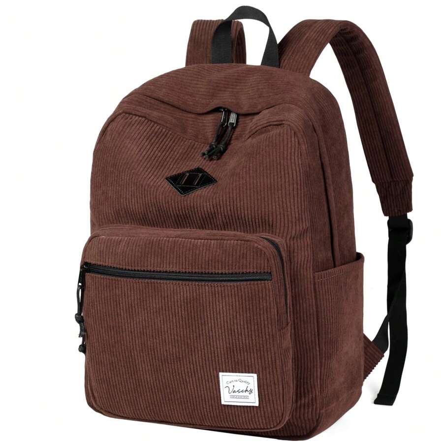 VASCHY Cord Backpack, Vintage Casual Unisex Cute School Backpack, Fuzzy Fluffy Plush Fleece Travel Backpack, Daypack For School, Teens, Men, Women, Black, Rucksack - 棕色 - 查看 1