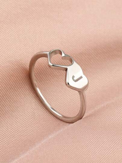 1pc Stainless Steel Silver Two Heart Marked With 26 Letters Fashionable And Simple Women's Ring, Suitable For Daily Decoration Or Gift Giving