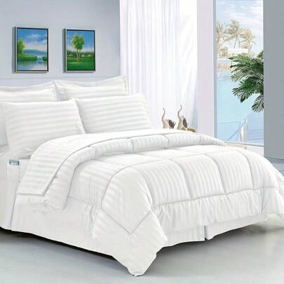 1 件条纹提花被套羽绒被芯，3 厘米多臂条纹被套特大号双人被四季羽绒替代品超细纤维床上用品被套透气羽绒被带 4 个角片可机洗