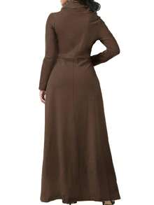 Plus Size Casual Solid Color Patchwork Pocket Turtleneck Dress - Coffee Brown - View 2