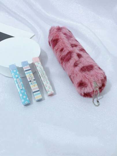 X Jess 1pc Heart Pattern Plush Pencil Case,Pencil Pouch,School Bag,Stationery