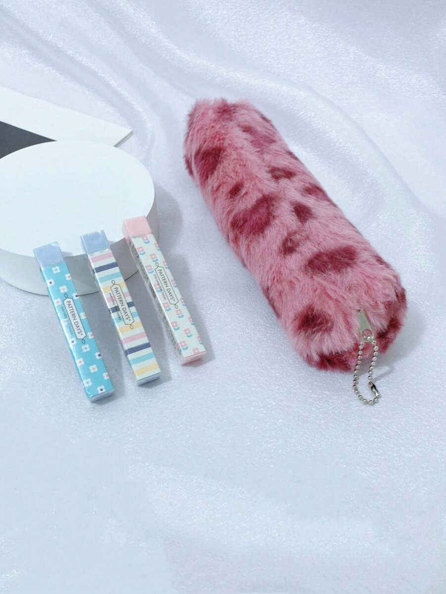 X Jess 1pc Heart Pattern Plush Pencil Case,Pencil Pouch,School Bag,Stationery - Dusty Pink - View 1