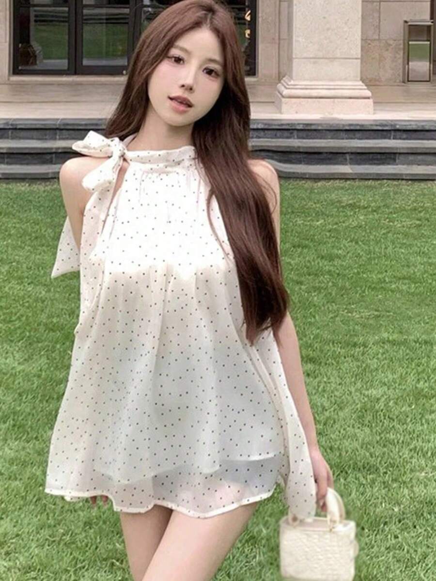 Women's Elegant Polka Dot Print Tie Neck Halter Top For Summer - Apricot - View 1