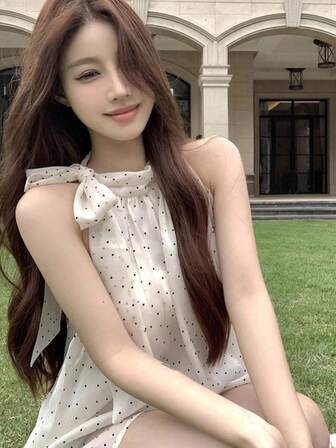 女款優雅波點印花綁頸領口背心，夏季款