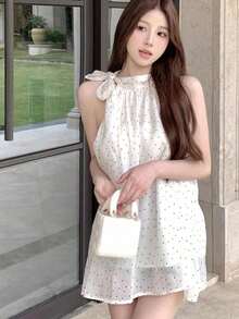 Women's Elegant Polka Dot Print Tie Neck Halter Top For Summer - Apricot - View 2