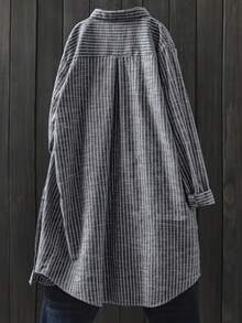 女士条纹印花长袖单排扣宽松休闲衬衫，春秋装，长袖上衣 - 灰色 - 查看 2
