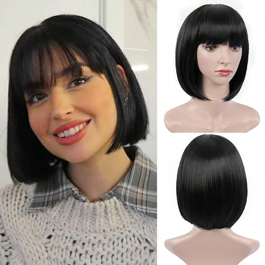 Short Jet Black Synthetic Wigs For Women Middle Part Straight Hair Heat Resistant Bob Wigs Afro Female Natural Daily Cosplay Wig - Black - View 1