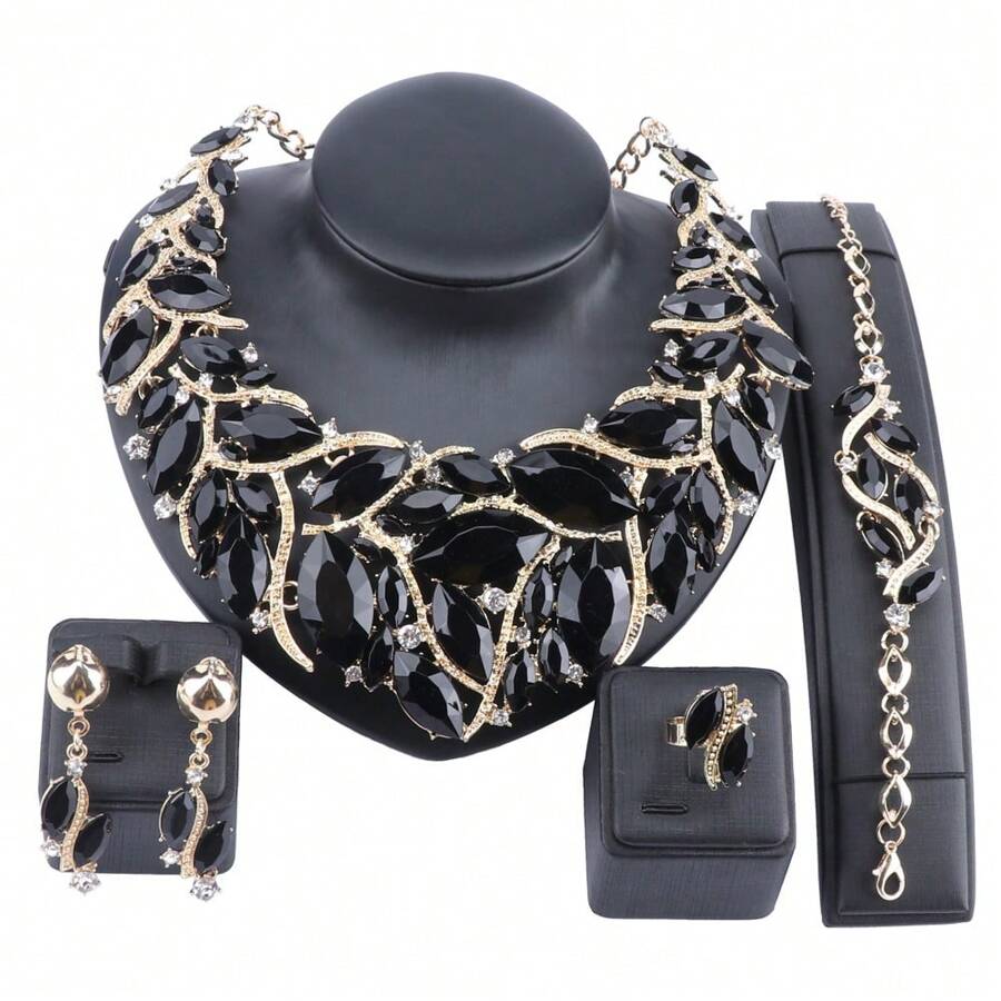 1 bộ trang sức vòng cổ, vòng tay, hoa tai, nhẫn pha lê mạ vàng thời trang, thích hợp cho phụ nữ mặc hàng ngày trong tiệc cưới, quà tặng