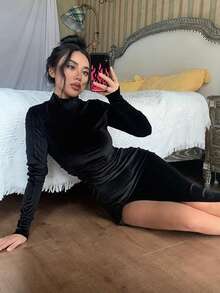 Women's Autumn And Winter Clothing, Elegant Dresses, Velvet High Neck Long Sleeve Slim Fit Pleated Slit Dress,Teacher Outfits For Women,Back To School - Black - View 4