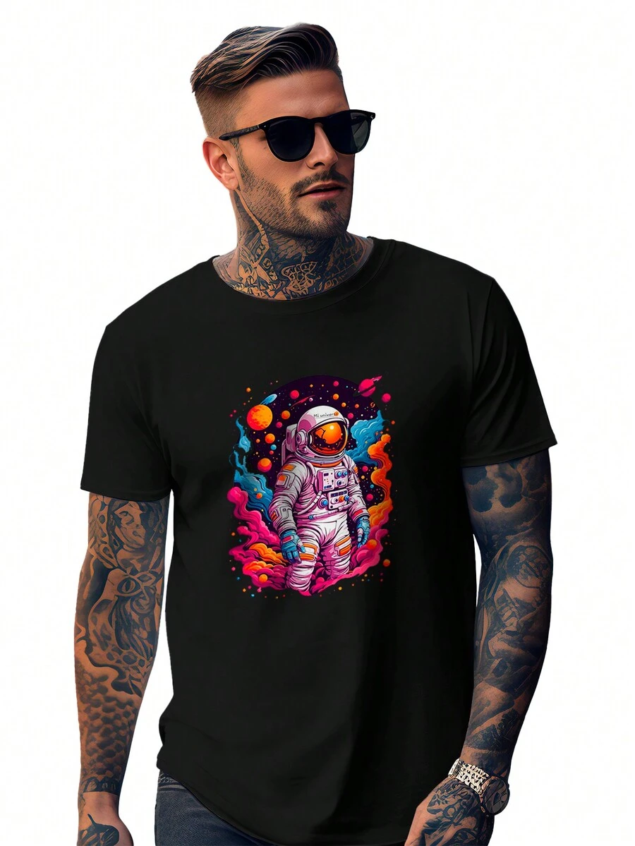 Men's T-Shirt Astronaut Universe Oversized Streetwear Shirt - 黑色 - 查看 1