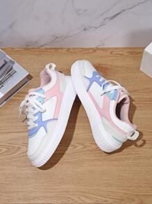 Zapatos de mujer vibrantes blancos y rosas, sexy, zapatos de tenis, zapatos de fiesta, de cordones y puntera redonda, de suela gruesa acolchada, cómodos y transpirables, calzado deportivo casual, regalo de vacaciones y cumpleaños, zapatos de estudiante - luna rosa blanca - Ver 1