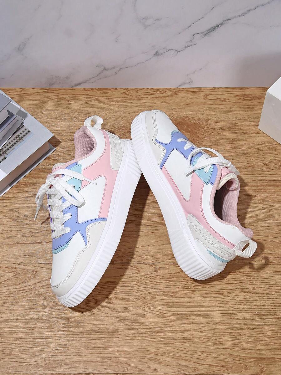 Zapatos de mujer vibrantes blancos y rosas, sexy, zapatos de tenis, zapatos de fiesta, de cordones y puntera redonda, de suela gruesa acolchada, cómodos y transpirables, calzado deportivo casual, regalo de vacaciones y cumpleaños, zapatos de estudiante - luna rosa blanca - Ver 1