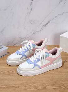 Zapatos de mujer vibrantes blancos y rosas, sexy, zapatos de tenis, zapatos de fiesta, de cordones y puntera redonda, de suela gruesa acolchada, cómodos y transpirables, calzado deportivo casual, regalo de vacaciones y cumpleaños, zapatos de estudiante - luna rosa blanca - Ver 3