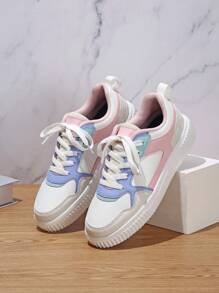 Zapatos de mujer vibrantes blancos y rosas, sexy, zapatos de tenis, zapatos de fiesta, de cordones y puntera redonda, de suela gruesa acolchada, cómodos y transpirables, calzado deportivo casual, regalo de vacaciones y cumpleaños, zapatos de estudiante - luna rosa blanca - Ver 5