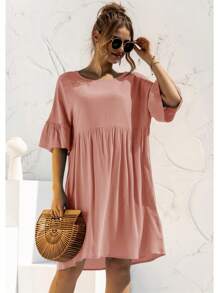 Front Pockets Babydoll Dress Half Sleeve Round Neck Solid Tunic Dress