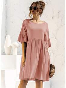Front Pockets Babydoll Dress Half Sleeve Round Neck Solid Tunic Dress