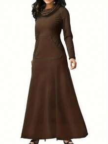 Plus Size Casual Solid Color Patchwork Pocket Turtleneck Dress - Coffee Brown - View 3